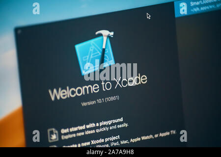 Bishkek, Kyrgyzstan - January 17, 2019: Launch xcode software for ios app development. Xcode logo closeup Stock Photo