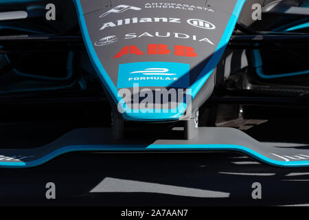 Rome, Italy 2019, March 30th. E-Prix, Formula E. Details of hihg speed electric racing car, carbon and fibreglass textures, blue paint. Extreme sports. Stock Photo