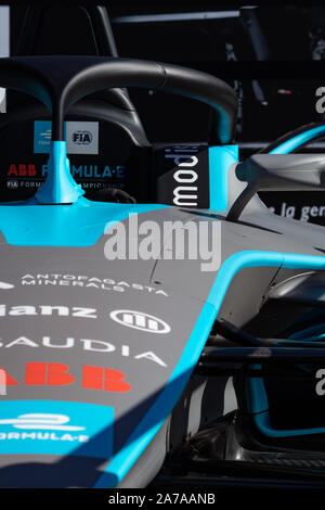 Rome, Italy 2019, March 30th. E-Prix, Formula E. Details of hihg speed electric racing car, carbon and fibreglass textures, blue paint. Extreme sports. Stock Photo