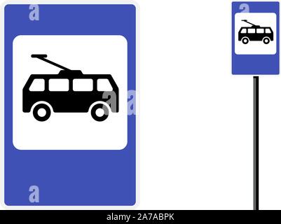 Trolley bus stop post station icon flat design. Blue city road public transport sign set. Electric trolleybus isolated vector symbol illustration on white background Stock Vector