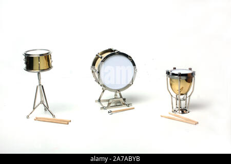 kettle-drum, orchestra snare drum and bass-drum on white background Stock Photo