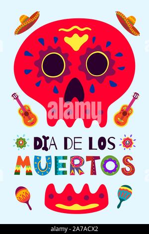 Mexican Day of the Dead Dia de Los Muertos poster. National festival greeting card with skeleton hand drawn lettering flowers skull on light background. Mexico vector illustration banner Stock Vector