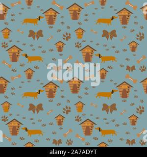 Cute Pattern with dog, dog paws and dog houses. Vector Illustration Stock Vector