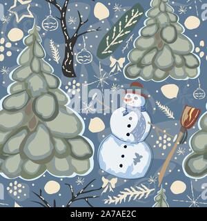 Colorful Winter Pattern with Snowman. Seamless Pattern. Vector Illustration. Stock Vector
