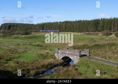 Abellio Scotrail class 156 sprinter train passing rural Barrhill, on the line to Stranraer in Ayrshire, Scotland Stock Photo