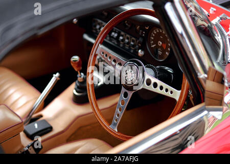 E-Type Jaguar Classic Car Leather Interior Detailing Dashboard, Steering Wheel and gear stick Stock Photo