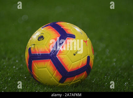 LONDON, ENGLAND - DECEMBER 15, 2018: The official Premier League match ball pictured prior to the 2018/19 Premier League game between Fulham FC and West Ham United at Craven Cottage. Stock Photo
