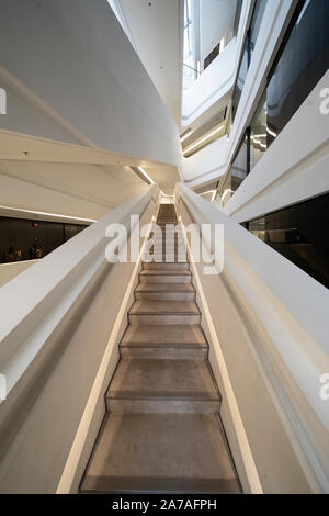 Interior of modern architecture of PolyU School of Design Jockey Club Innovation Tower at Hong Kong Polytechnic University, Hong Kong. Architect Zaha