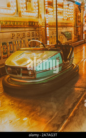 Vintage 1950's 'bumper car' ( Dodgem ) fairground ride at Dingles Heritage fairground. Stock Photo