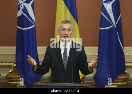 Kiev, Ukraine. 31st Oct, 2019. The North Atlantic Treaty Organization (NATO) Secretary General Jens Stoltenberg addresses lawmakers during a session of the Ukrainian Parliament in Kiev, Ukraine, on Oct. 31, 2019. NATO Secretary General Jens Stoltenberg on Thursday said the doors of the alliance are open for those who wish to join, including Ukraine. Credit: Sergey Starostenko/Xinhua/Alamy Live News Stock Photo