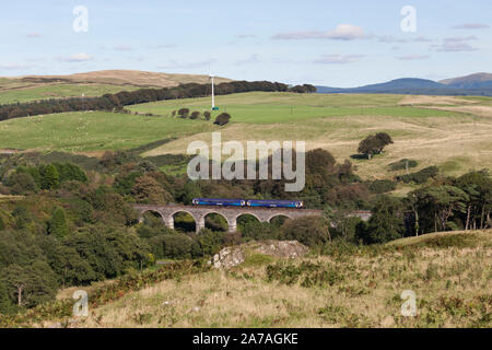 Abellio Scotrail class 156 sprinter train crossing Kinclaer viaduct, Pinmore (south of Girvan, Stranraer line, Scotland) Stock Photo