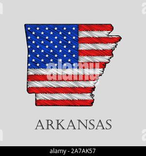 State Arkansas in scribble style - vector illustration. Abstract flat map of Arkansas with the imposition of US flag. Stock Vector