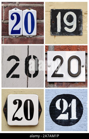 A collage of numbers 2019, 2020 and 2021 composed of house numbers. Stock Photo