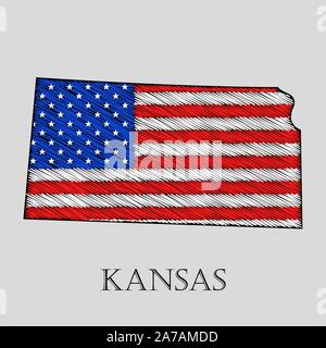 State Kansas in scribble style - vector illustration. Abstract flat map of Kansas with the imposition of US flag. Stock Vector