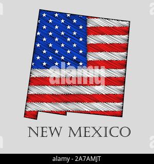 State New Mexico in scribble style - vector illustration. Abstract flat map of New Mexico with the imposition of US flag. Stock Vector