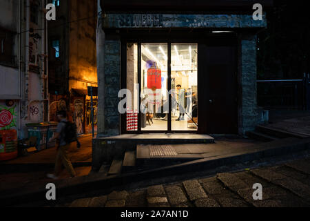 Night view of Selvedge Barbers on Pottinger Street in Central , Hong Kong Stock Photo