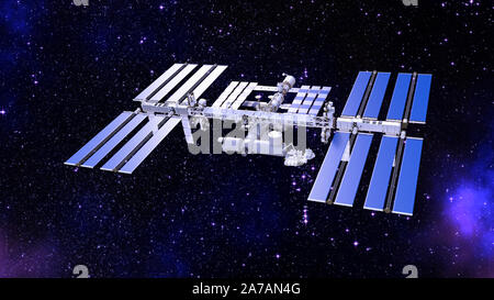 Space station, satellite with solar panels, space base in the universe, 3D rendering Stock Photo