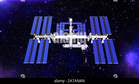 Space station, satellite with solar panels, space base in the universe, top view, 3D rendering Stock Photo