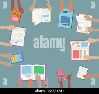 Children Hands Holding and Reading Library Books on Desk, abstract concept, ideal for flyers - grouped easy to edit Stock Vector
