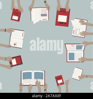 Children Hands Holding and Reading Library Books on Desk in red and blue, abstract concept, ideal for flyers - grouped easy to edit Stock Vector