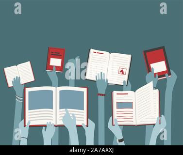 Kids Long Hands Holding and Reading Library Books blue and red, abstract concept, ideal for flyers - grouped easy to edit Stock Vector