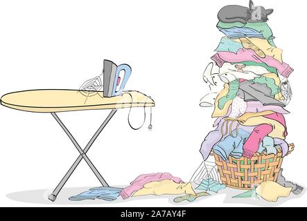 Iron and ironing board with Tall Pile of Laundry in Basket with Cat and Critters - grouped easy to edit Stock Vector