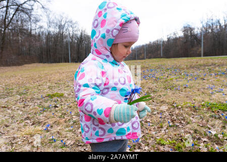 Little girl with spring snowdrop flowers in hand Stock Photo