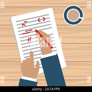 Hand with red pen proofreading a story - vector grouped and easy to edit Stock Vector