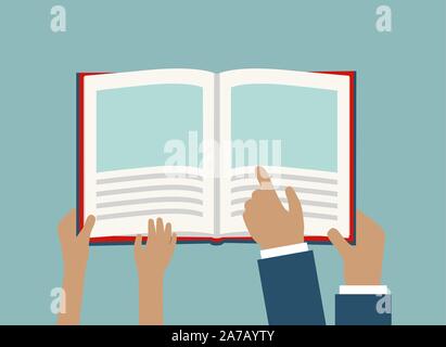 Father or Teacher Reading Library Books with Child Hands Pointing - Son or Daughter - vector grouped and easy to edit Stock Vector