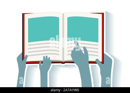 Father Mother or Teacher Reading Library Books with Child - Son or Daughter - Hands Pointing - vector grouped and easy to edit Stock Vector