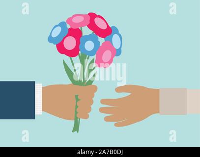 Loving Man gives bouquet of flowers to Woman as gift - vector grouped and easy to edit Stock Vector