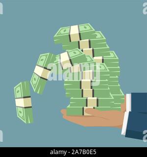 Hand holding Banknote Money with large pile falling - vector grouped and easy to edit Stock Vector