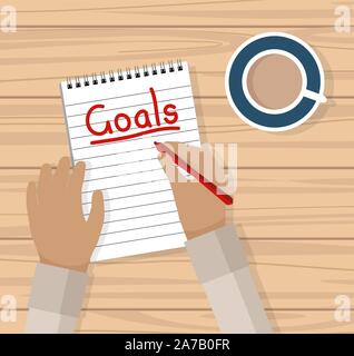 Hand writing Goals List on Notepad by coffee at desk - vector grouped and easy to edit Stock Vector