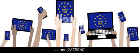 Hands with Devices European Union Roam Free WIFI with Stars - tourist travel concept Stock Vector