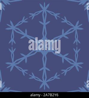 Geometric snowflake seamless vector. Monochrome blue background. Stock Vector