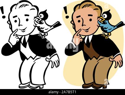 A little bird told me is illustrated by a cartoon man getting gossip from a feathered friend. Stock Vector