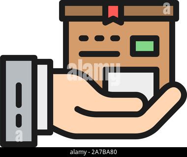 Hand with box, express delivery flat color icon. Stock Vector