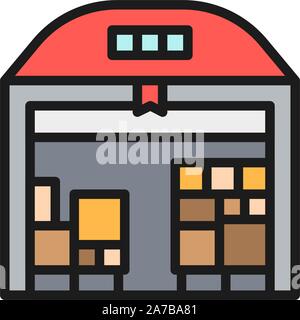 Vector warehouse with parcels flat color icon. Stock Vector