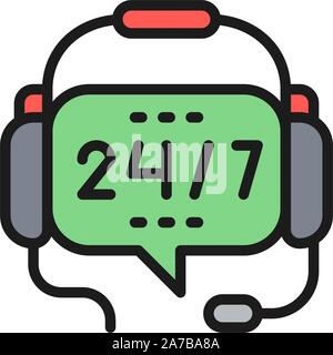 Headphones with microphone, non stop support flat color icon. Stock Vector