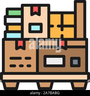 Different boxes on pallets flat color icon. Stock Vector