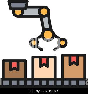 Robotic arm on packing conveyor, production line flat color icon. Stock Vector