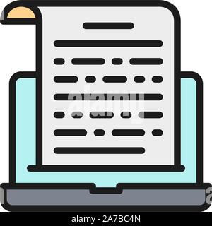 Notes on a laptop, presentation, text entries flat color icon. Stock Vector
