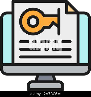 Monitor with password, text key flat color icon. Stock Vector