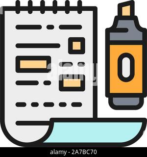 Sheet with a marker, underlined word flat color icon. Stock Vector