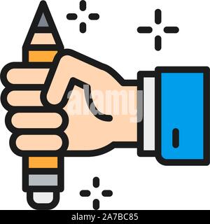Pencil in hand, copywriting, writer flat color icon. Stock Vector