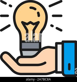 Light bulb in hand, idea generation, creative flat color icon. Stock Vector
