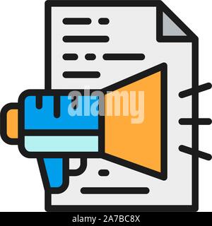 Advertisement text, announcement, document with loudspeaker flat color icon. Stock Vector
