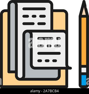 Letter with pencil, notes, recipe flat color icon. Stock Vector