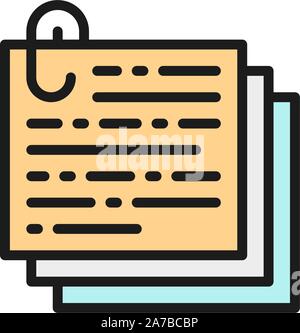 Stack of notes, documents with paperclip, recipe, text flat color icon. Stock Vector