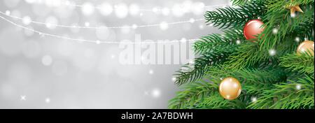 Christmas tree and blur bokeh lights background. Xmas and happy new year. Vector illustration for greeting card, cover, banner, header template. Stock Vector